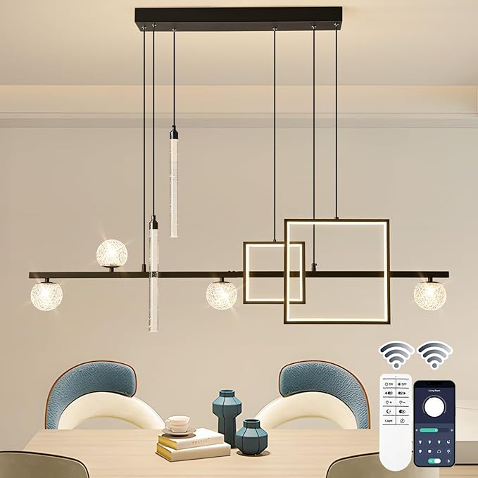ORANOOR Modern LED Pendant Lights, 47in Dimmable Linear LED Chandelier Lighting, Square Black & Gold Dining Room Hanging Light Fixtures Kitchen Island Globe Pendant Light for Dining Table (4200lm)