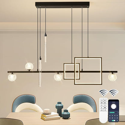 ORANOOR Modern LED Pendant Lights, 47in Dimmable Linear LED Chandelier Lighting, Square Black & Gold Dining Room Hanging Light Fixtures Kitchen Island Globe Pendant Light for Dining Table (4200lm)
