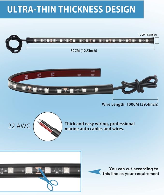 Keiurot 12V Led Light Strip 32CM Waterproof LEDs Light Strips for Cars Motorcycles Golf Cart Interior & Exterior Marine Boat Red Led Strip Lights 5050 18SMD,Pack of 4