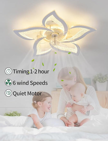 Flower Ceiling Fans with Lights and Remote, 24 Inch Modern Low Profile Flush Mount Ceiling Fan, Dimmable LED Ceiling Light Fixture, Small Ceiling Fans for Bedroom, Kitchen, Indoor-White