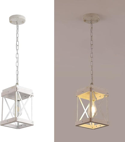 Fivess Lighting Modern Farmhouse Antique White Distressed Pendant Light with Wood and Metal Cage, One-Light Adjustable Chains Rustic Mini Pendant Lighting Fixture for Kitchen Island Cafe Bar