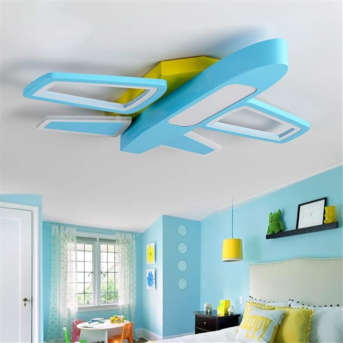 RUNNUP Acrylic Cartoon Airplane Ceiling Lamp Boy Bedroom Creative LED Flush Ceiling Light Stepless Dimming for Kindergarten Children Bedroom Kids Room Study Room, Blue