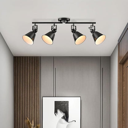 DIRYZON 4-Light Industrial Matte Black Adjustable Round Track Lighting, Semi Flush Mount Ceiling Light with Multi-Directional Heads for Kitchen, Living Room, Bedroom, Hallway, Dimmable