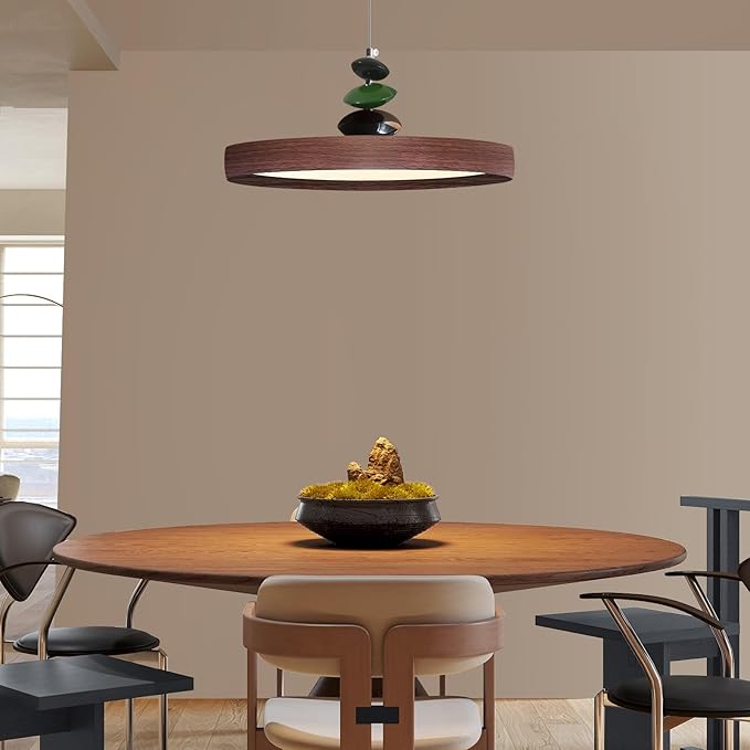 Mikeru Modern Pendant Lights, 15.8" Wood Grain Finish Pendant Lighting Fixture with Remote Control Dimmable 3 Color Mode & Brightness Mid Century Island Light Fixture for Dining Room,Living Room