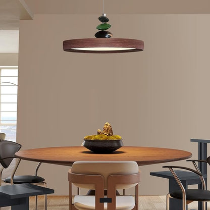 Mikeru Modern Pendant Lights, 23.6" Wood Grain Finish Pendant Lighting Fixture with Remote Control Dimmable 3 Color Mode & Brightness Mid Century Island Light Fixture for Dining Room,Living Room