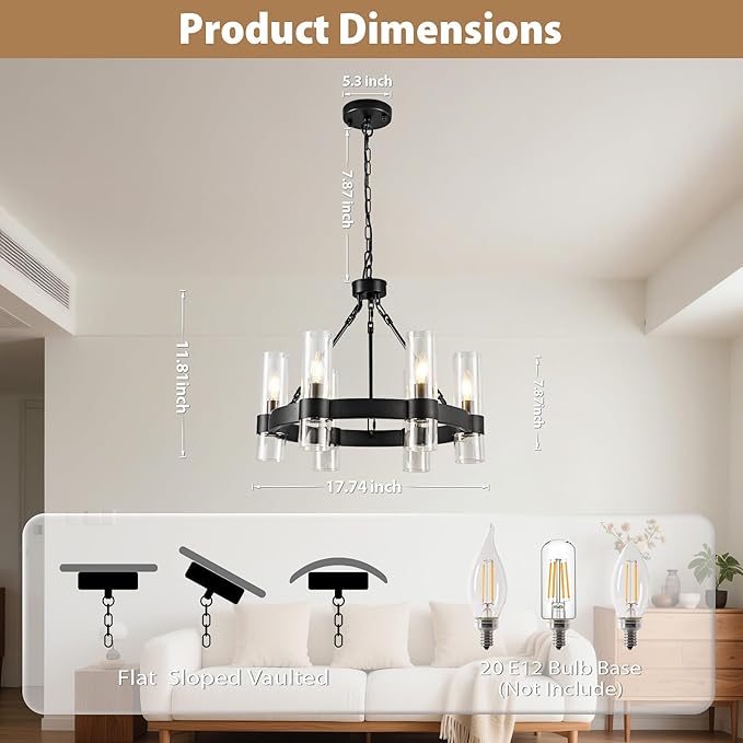 6-Light Large Black Wagon Wheel Chandelier with Glass Shades, 20 Inch Farmhouse Industrial Round Chandelier for High Ceilings, Pendant Lighting Fixture for Dining Living Room Kitchen Island Foyer
