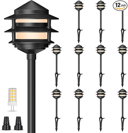Gardencoin Pagoda Low Voltage Landscape Pathway Lights, 12V Outdoor LED Path Lights Wired, Aluminum Walkway Lighting with 4W 2700K Replaceable G4 Bulb, Classic 3-Tier Lantern, 12 Pack