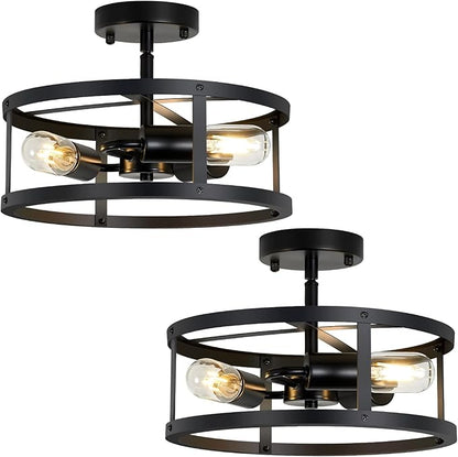 3-Light Semi Flush Mount Ceiling Light, Farmhouse Black Metal Cage Fixture, Industrial Lighting for Kitchen Foyer Hallway Entryway 2 Pack