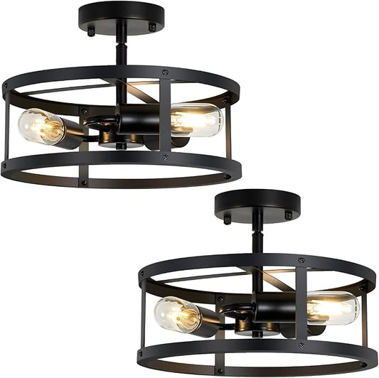 3-Light Semi Flush Mount Ceiling Light, Farmhouse Black Metal Cage Fixture, Industrial Lighting for Kitchen Foyer Hallway Entryway 2 Pack