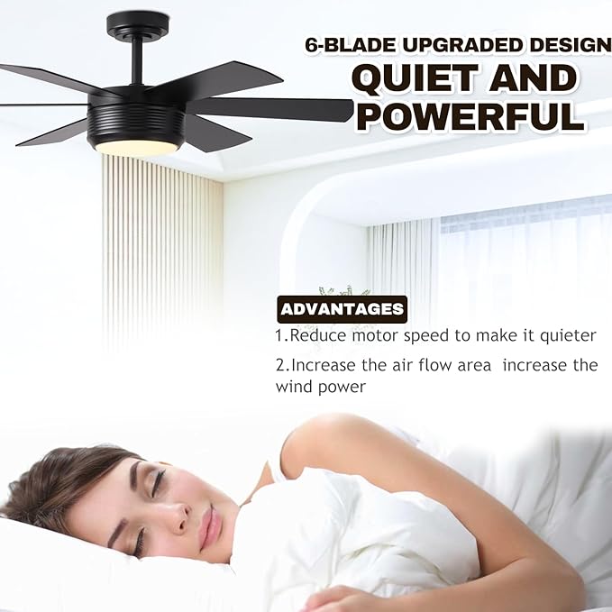 SHOWDI Ceiling Fan with Lights and Remote, 6 Blade App Control Timer Reversible Stepless Brightness and Color Temperature Outdoor Wood Ceiling Fan with Lights (Black, 42 Inch)