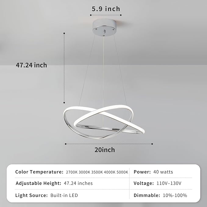 Modern Chandelier Dimmable Pendant Light Fixture,5CCT/2700K/3000K/3500K/4000K/5000K ,Adjustable Modern LED Chandeliers for Dining Room Kitchen Entryway Living Room Bedroom (Silver-5CCT, 20 Inches)