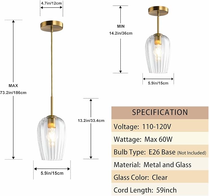 Clear Glass Lampshade Chandelier, Kitchen Ceiling Hanging Lamp Island Light, 5.9" Mini Brushed Gold Modern Pendant Lighting Fixture for Dining Living Room, Entryway