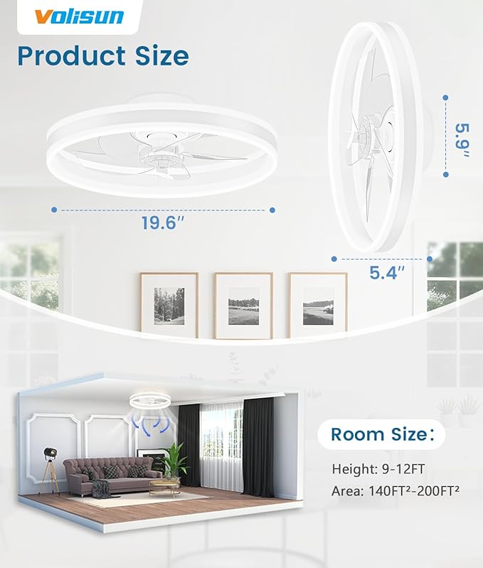 VOLISUN Low Profile Ceiling Fans with Lights and Remote, 20in Flush Mount Ceiling Fans with Light, 3000K-6500K Dimmable Fandelier LED Fan Light, White Bladeless Ceiling Fans with Lights for Bedroom