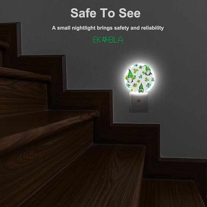 EKOBLA St. Patrick's Day Gnome Plug-in Night Light, Green Shamrock Clover LED Nightlight with Auto Sensor for All Ages
