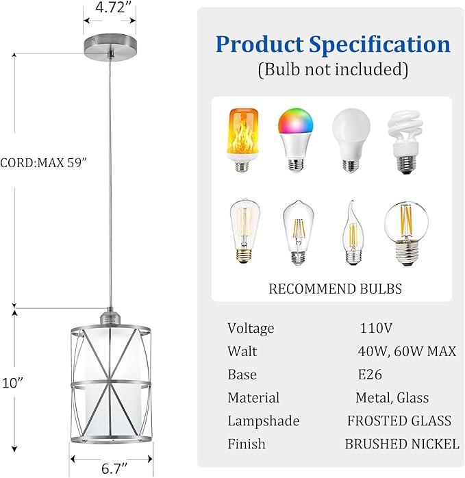 Modern Mini Pendant Light in Brushed Nickel Finish with Frosted Glass Shade 1-Light Adjustable Cylinder Pendant Lighting Fixture for Kitchen Island Sink Dining Room Counter Farmhouse