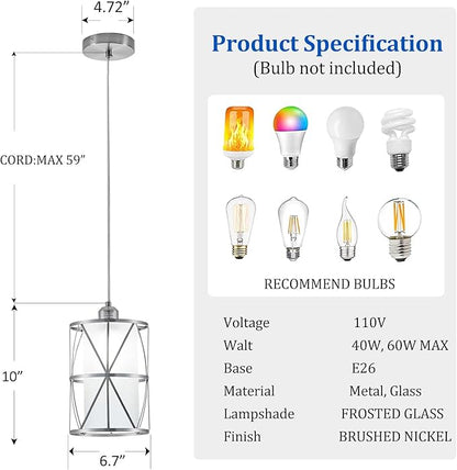 Modern Mini Pendant Light in Brushed Nickel Finish with Frosted Glass Shade 1-Light Adjustable Cylinder Pendant Lighting Fixture for Kitchen Island Sink Dining Room Counter Farmhouse