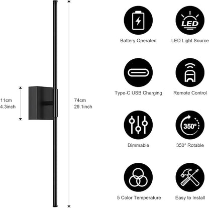 Battery Operated Wall Sconce Set of Two with Remote Control, 3000K-6000K Dimmable Black Wall Lights, Timable LED Wireless Wall Sconces, 350° Ratate for Bathroom, Living Room, Hallway 29.1 Inch