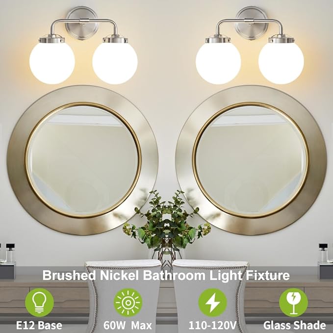 Bathroom Light Fixtures Over Mirror, Brushed Nickel Modern Vanity Lighting with Milk White Glass Globe Shades 2-Light Farmhouse Wall Sconce