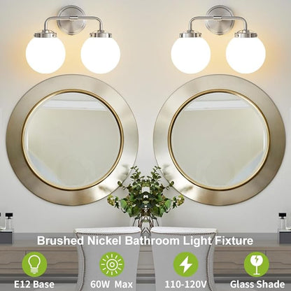 Bathroom Light Fixtures Over Mirror, Brushed Nickel Modern Vanity Lighting with Milk White Glass Globe Shades 2-Light Farmhouse Wall Sconce