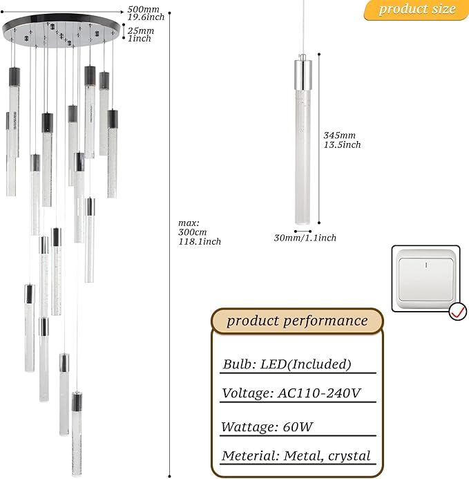 16-Light Chrome Bubble Crystal Chandelier Cool White Spiral Staircase Pendant for High Ceilings Sloped Ceiling Compatible Canopy Adjustable Hanging Height Grand Foyer Entryway