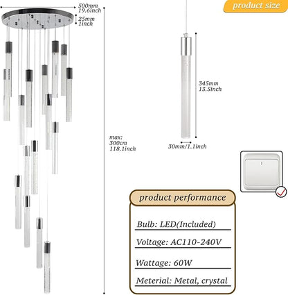 16-Light Chrome Bubble Crystal Chandelier Cool White Spiral Staircase Pendant for High Ceilings Sloped Ceiling Compatible Canopy Adjustable Hanging Height Grand Foyer Entryway
