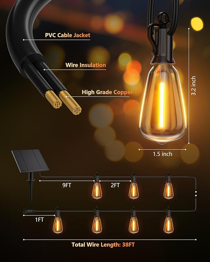 Brightown 38FT Solar String Lights Outdoor Waterproof with Remote, 15+1 LED Shatterproof Bulbs, Dimmable & Timable, 3 Light Modes - Commercial Grade Patio Lights for Garden Backyard Party Decor