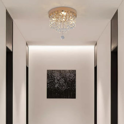 Deckrico Gold Crystal Chandelier Flush Mount Ceiling Light – Modern LED Lighting Fixture for Bedroom, Closet, Bathroom, Hallway – Warm Light