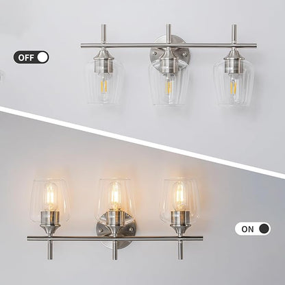Bathroom Vanity Light Fixtures, 3-Lights Over Mirror Modern Vanity Lighting with Clear Wine Glass Shade Wall Lamp for Bedroom Hallway Living Room (Nickel, 3-Light)