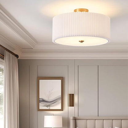Semi Flush Mount Ceiling Light,17.7"Modern Close to Ceiling Light Fixture With White Fabric Shade, Light Fixtures Ceiling Mount Bedroom Ceiling Light for Bedroom Foyer Kitchen Living Room(Gold)