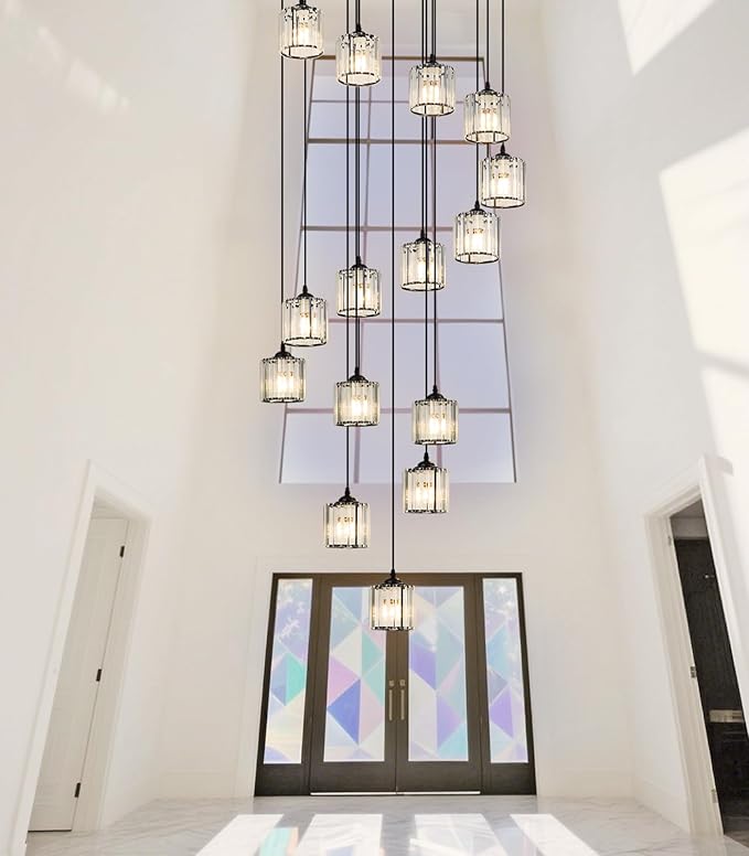 Long Chandeliers for High Ceilings,Modern Crystal Pendant Light,Raindrop Drop Lamp,Hanging Flush Mount Lighting Fixtures for Spiral Staircase,Foyer,Entryway,Living Room,Black (15 Lights)