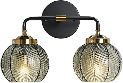 Mid Century Vanity Light Black Bathroom Wall Light Fixtures Green Glass Wall Sconce lamp Ribbed Glass Shade Modern Art Deco Vanity Lights for Over Mirror Bedroom Hallway 2 Lights