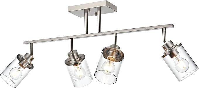 4 Lights Directional Ceiling Light Fixtures with Flexibly Rotatable Light Head Brushed Nickel Bathroom Lights Modern Complete Track Lighting Kits with Clear Glass Shade, E26 Base