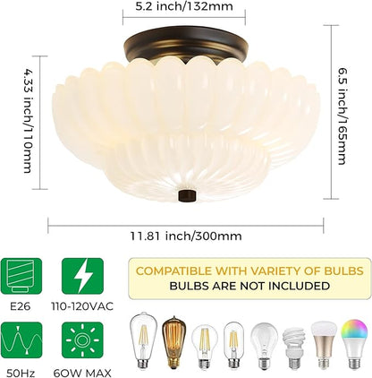 Semi Flush Mount Ceiling Light Fixture Vinatge Black Ceiling Lights Mid Century Modern Milk White Glass Close to Ceiling Lighting Fixtures for Bedroom Hallway Foyer Bathroom Kitchen Laundry Room