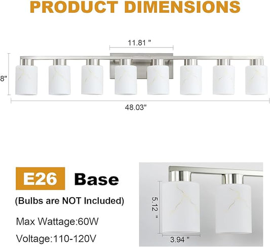 8-Light Bathroom Light Fixtures, Modern Vanity Lights, Brushed Nickel Metal Wall Lamp with White Marble Glass for Bathroom, Mirror, Living Room, Bedroom, Cabinet, Porch, Hallway, E26 Base