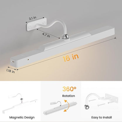 Rechargeable Picture Light for Wall Art White - 3 Color Temperatures,Remote Control & Adjustable Angle Wall Mount Battery Operated Wall Light for Paintings,Gallery,Frames,Photos (13H Runtime, 350LM)