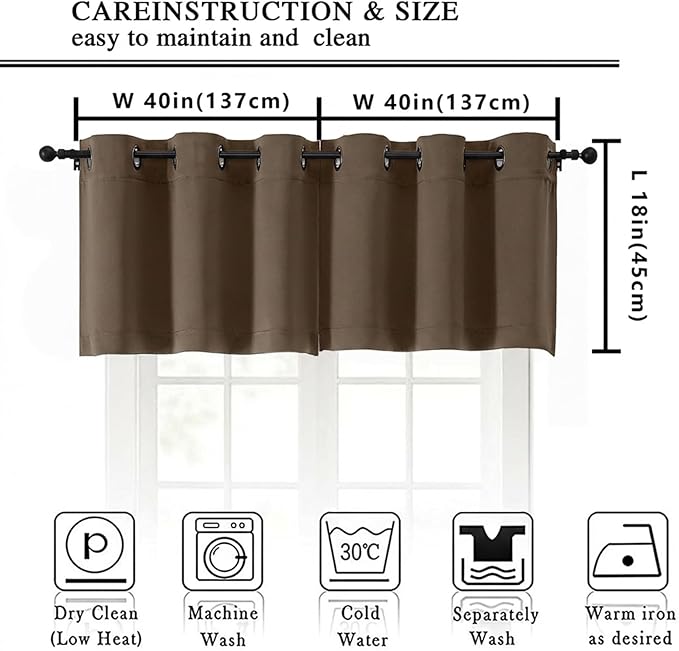 Simplebrand Brown Kitchen Valances for Windows 18 Inches Long 2 Pack, Room Darkening Window Valances for Living Room, Grommet Short Straight Drape Kitchen Curtains for Bedroom Kids Room, 40Wx18L