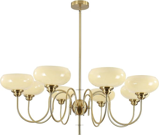 BOKT Large 8-Light Chandelier Modern Sputnik Chandeliers Flush Mount Ceiling Lights Cream Adjustable Height Pendant Lighting Vintage Gold Chandeliers with Light Yellow Glass Classic Ceiling Light