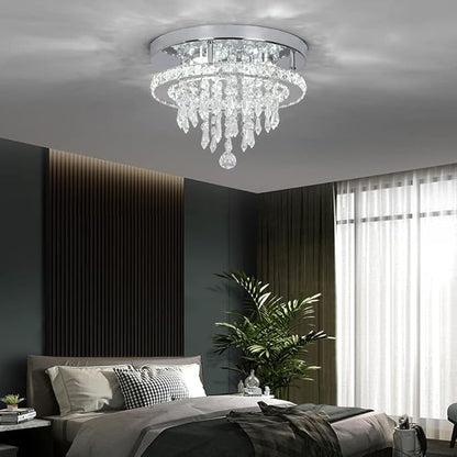 Deckrico Modern K9 Crystal Chandelier 3 LED Lights Stainless Steel Pendant Lamp Flush Mount Light Fixtures for Dining Room Bathroom Bedroom Living Room (Cool White)