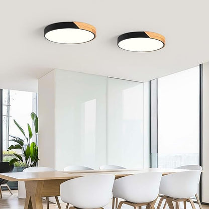 Modern Dimmable LED Ceiling Light, Minimalist Wood Style 5CCT 2700K-6000K Flush Mount Ceiling Light Fixture, Round Lighting Lamp for Bedroom Living Room Dining Room Laundry, Black, 15.8"