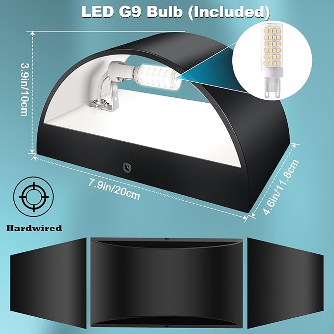 Black Modern LED Wall Sconce Hardwired Indoor Wall Lights Set of 2 Up and Down Wall Mount Light Cool White 6000K for Bedroom Living Room Bathroom Hallway Entryway Stairwell (with G9 Bulbs)