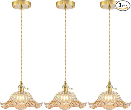 Vintage Pendant Lights Kitchen Island 3 Pack, Adjustable Pendant Light Fixtures with Amber Lily Glass Lampshade, Gold Kitchen Pendant Lighting Over Island, Pendant Light for Dining Room Hallway