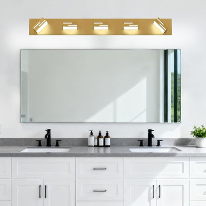 LED Modern Bathroom Vanity Light Fixtures, 5-Light 34-inch Dimmable Gold Vanity Lights for Bathroom Lighting Fixtures Over Mirror, with 360° Rotatable Heads (Cool White 6000K)