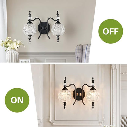 Vintage Crystal Bathroom Wall Sconces Black 2-Light Antique Vanity Light Fixtures Retro Wall Sconce Light with Crystal Glass Shade for Bathroom Bedroom Dinning Room