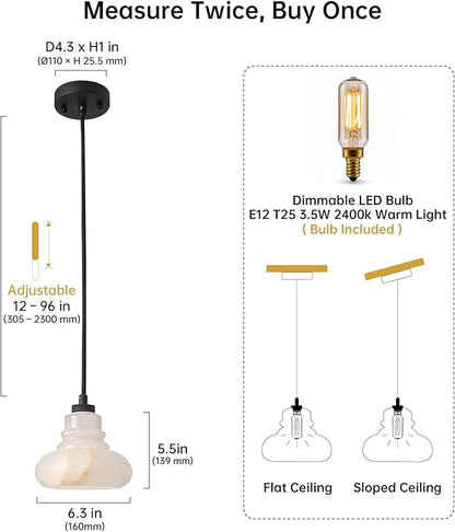 Natural Stone Pendant Lights Kitchen Island, Pentant Lighting Fixture for Bedside, Dining Room, Entryway, Cafe, Restaurant, Calcite Pendant Lamp -Dome