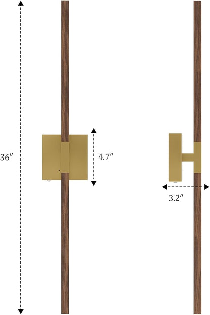 Rayogale 36 Inch Rechargeable Battery Operated Wall Sconce Set 2, 8000mAh Cordless, 3000K/4500K/6000K, Dimmable, Remote, Touch Control, 360° Rotation for Living Room Gold Walnut 2 Pack