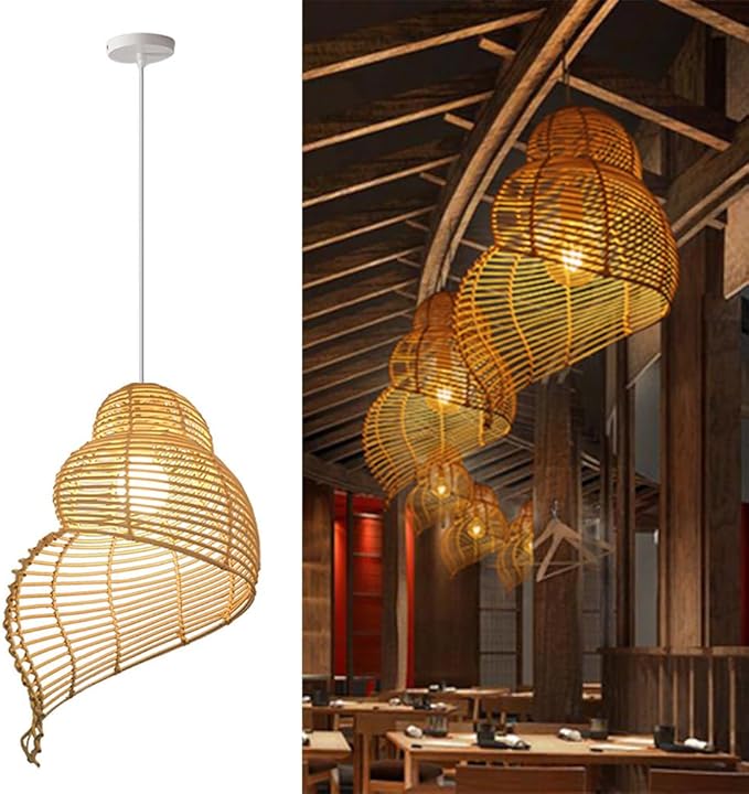 Retro Conch Pendant Lamp Hand Woven Ceiling Lighting Weave Bamboo Rattan E26 Hanging Light Fixture Retro Japanese Wicker Lamp Shade for Bedroom Restaurant Cafe Brown