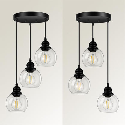3-Light Pendant Light, Hanging Ceiling Lamp with Clear Glass Shade, Matte Black Pendant Lighting Adjustable Height Industrial Retro Style Hanging Light, for Kitchen Island Bedroom(E26 Base,No Bulb)