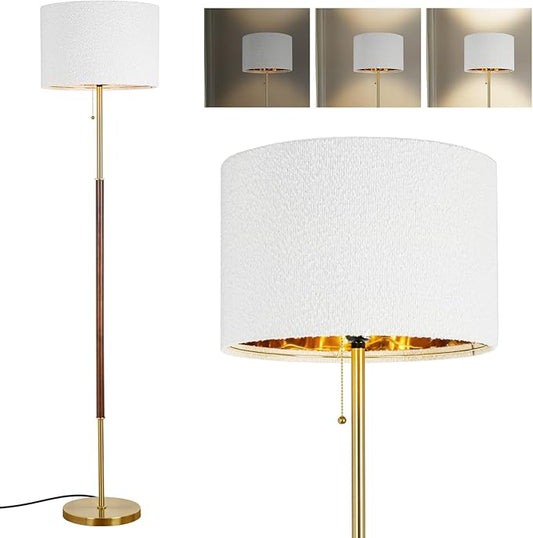 LALISU Wood Floor Lamp for Living Room Gold Traditional Farmhouse Floor Lamps Mid-Century Pole Lamp with Linen Lamp Shade, Standing Tall Floor Lamps for Bedrooms and Office (Gold)