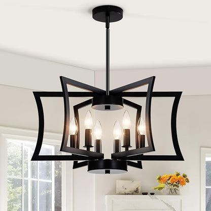SIBRILLE 22.84" Black Metal Pendant Light, 6-Light Dining Room Light Fixture Modern Industrial Geometric Chandelier Lighting, Suitable for Villa Foyer, Kitchen Islands, and Farmhouse Living Rooms