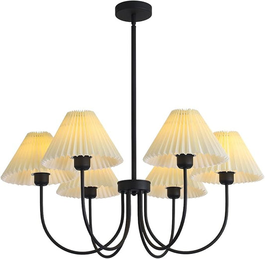 KCO Lighting Modern Farmhouse Chandelier Black Sputnik Chandelier Light Fixture White Fabric Chandelier Ceiling Light Vintage Pleated Chandelier Traditional Chandeliers for Dining Room
